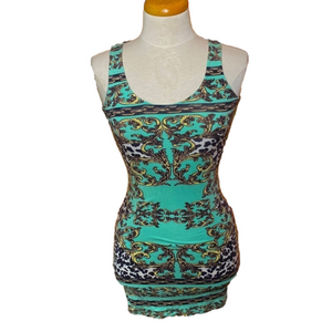 🌷 Buffalo David Bitton 🌷 Y2K Sleeveless Green Gold Chain Geometric Pattern Dress